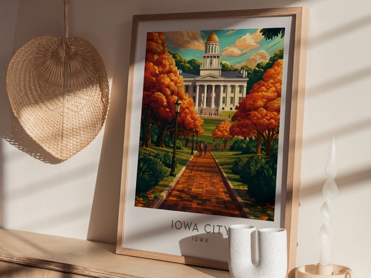 Iowa City Matte Border Poster | Iowa Destination Print Travel Wall Art — styled in a modern interior