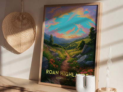 Framed Roan Highlands poster depicting a vibrant sunrise over a trail with lush greenery and mountains. The scene is complemented by nearby decorative items, including a woven wall hanging and.