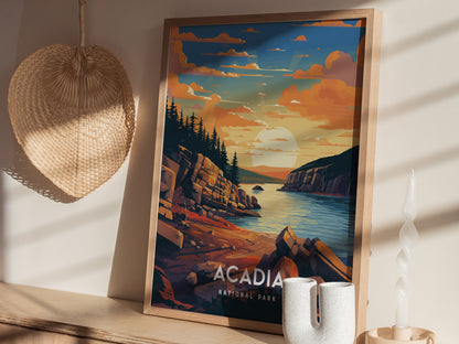 A framed Acadia National Park poster leans against a wall, depicting a colorful sunset over rocky cliffs and a serene body of water.