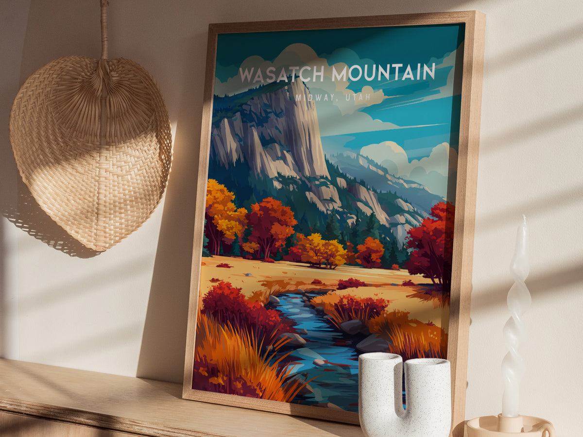 Wasatch Mountain, Midway, Utah Poster | Alpine Meadow & Peak Destination Print Wall Art — styled in a modern interior