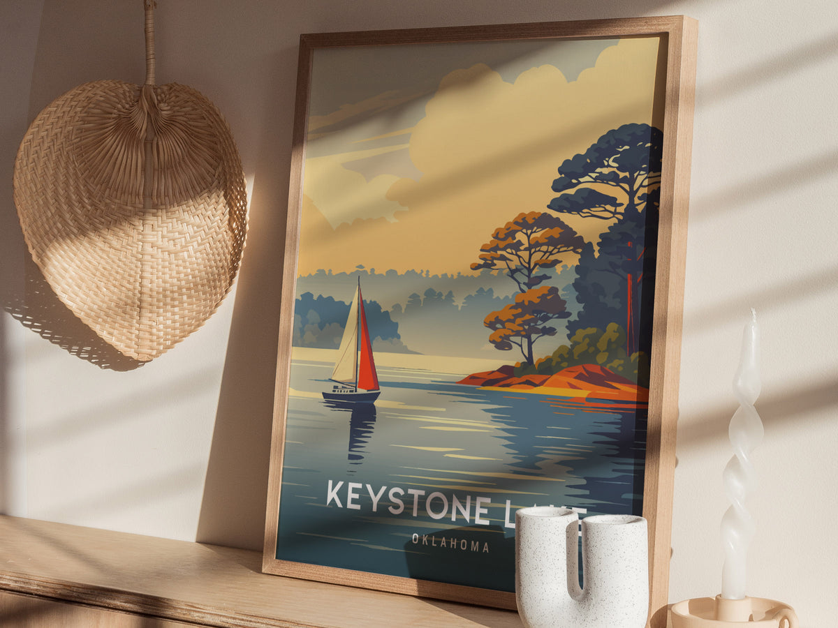 Keystone Lake, Oklahoma Poster | Lakeside Vacation Wall Art — styled in a modern interior