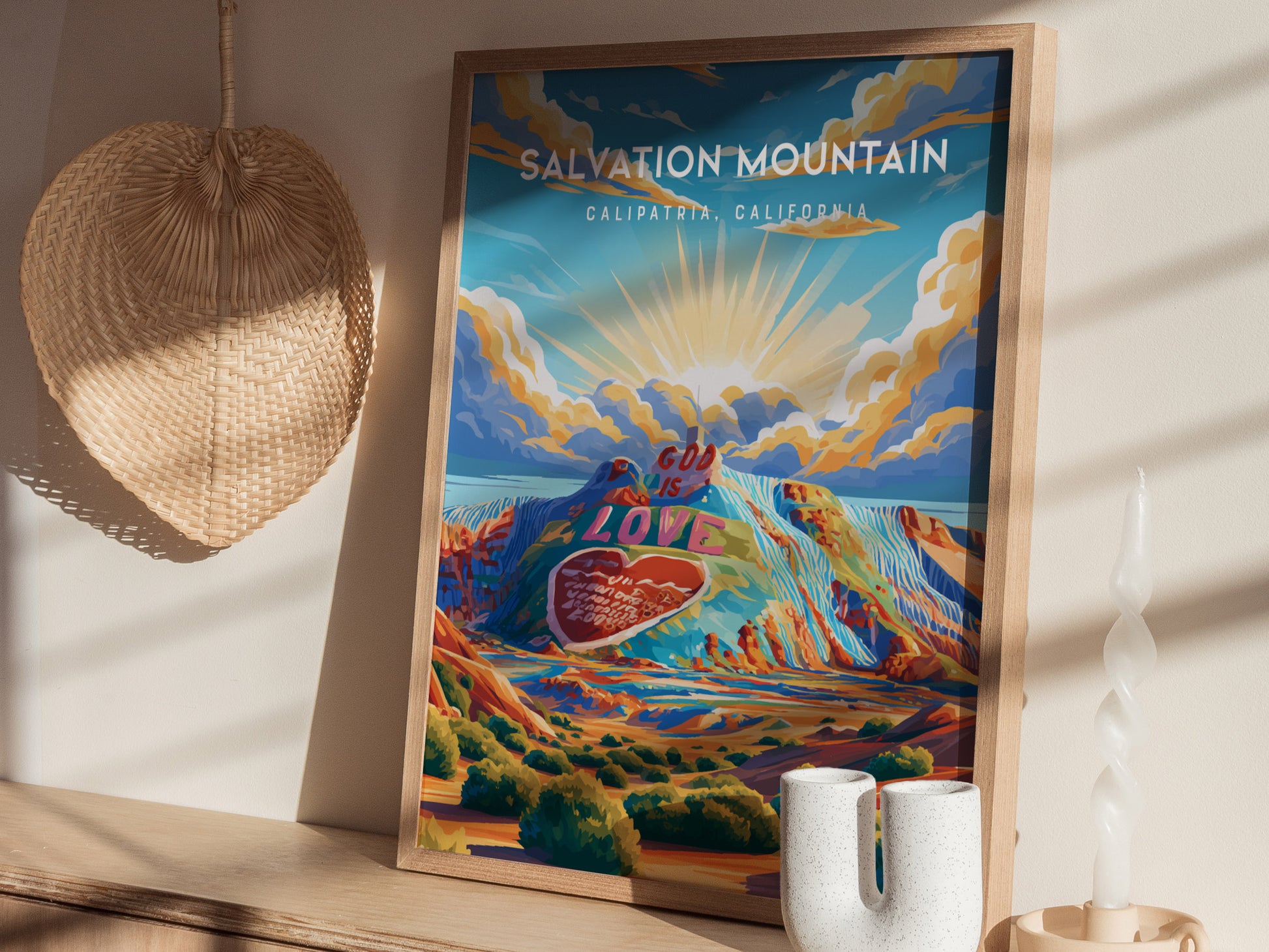 Salvation Mountain, California Poster | Colorful Desert Folk Art Wall Art — styled in a modern interior