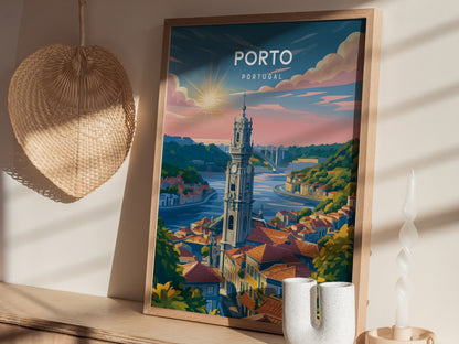 Porto, Portugal Poster | Rabelo Boats & Colorful Riverfront Wall Art — styled in a modern interior