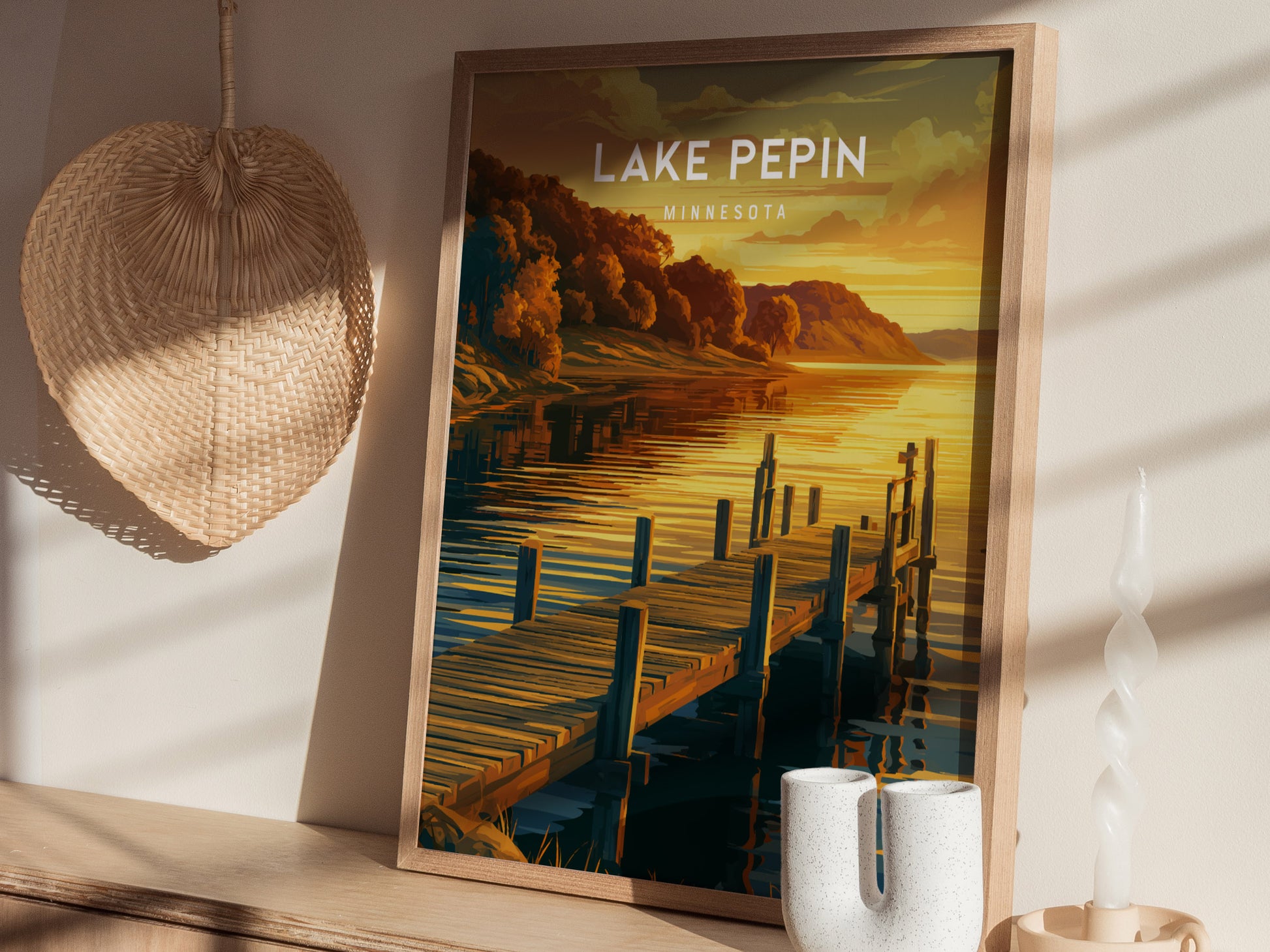 Lake Pepin, Minnesota Poster | Bluffs & Blue Water Travel Wall Art — styled in a modern interior