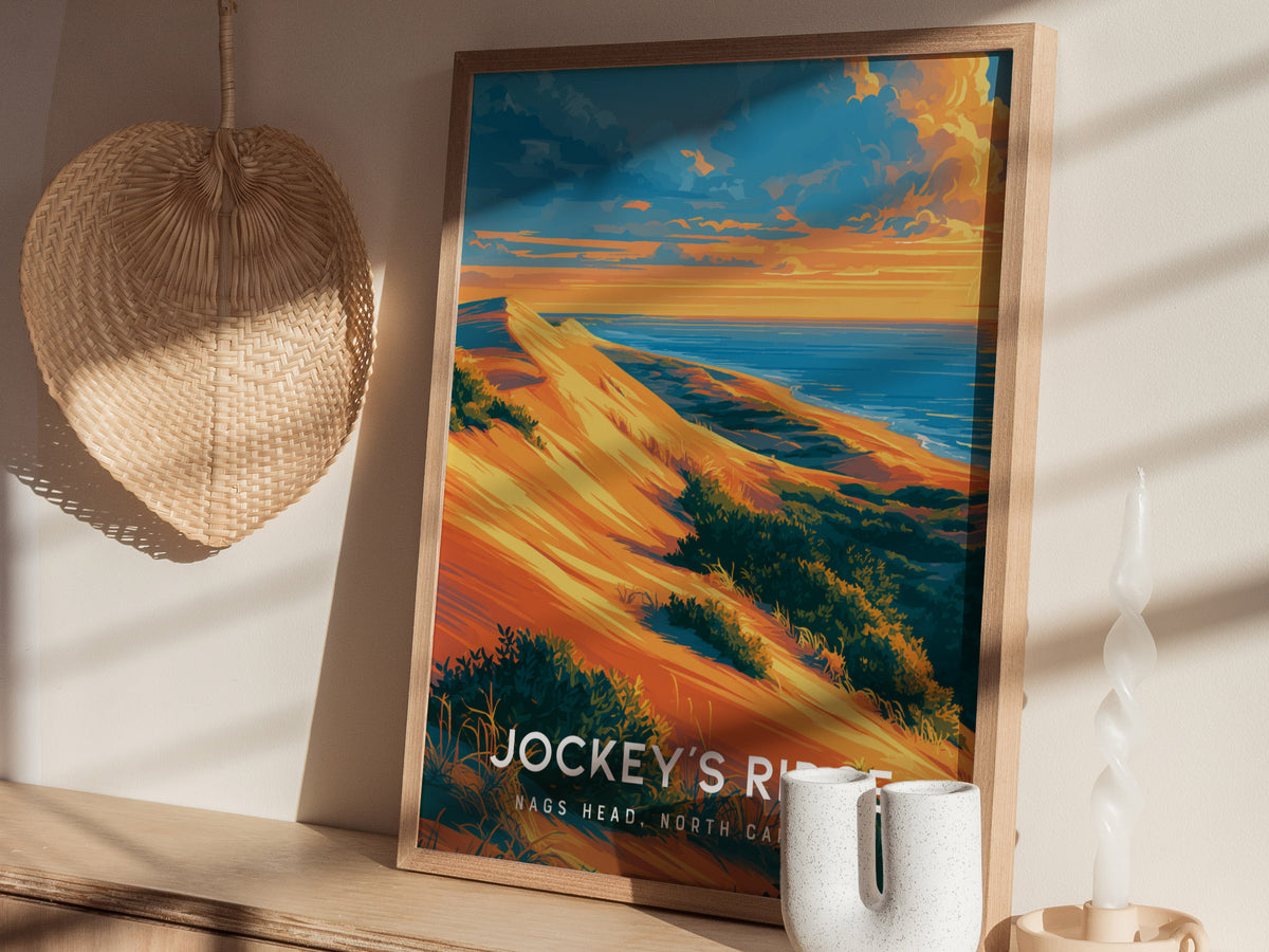 Jockey's Ridge, Nags Head, North Carolina Poster | Sand Dunes & Sunset Travel Wall Art — styled in a modern interior