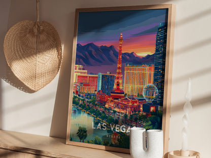 Las Vegas, Nevada Poster | Neon Lights & Desert Skyline Wall Art — styled in a modern interior