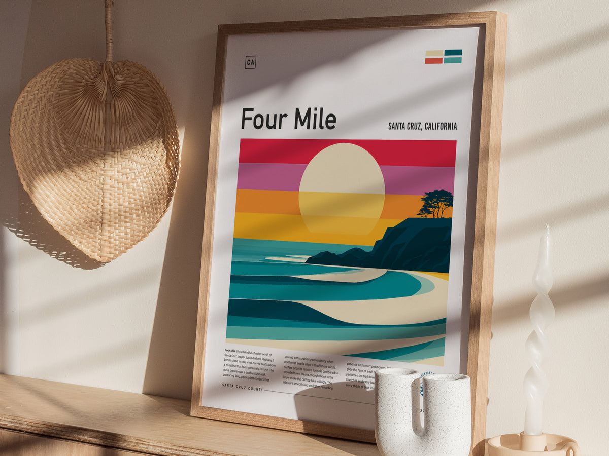 Four Mile, Santa Cruz, California Poster | Surf Wall Art & Beach House Decor — styled in a modern interior