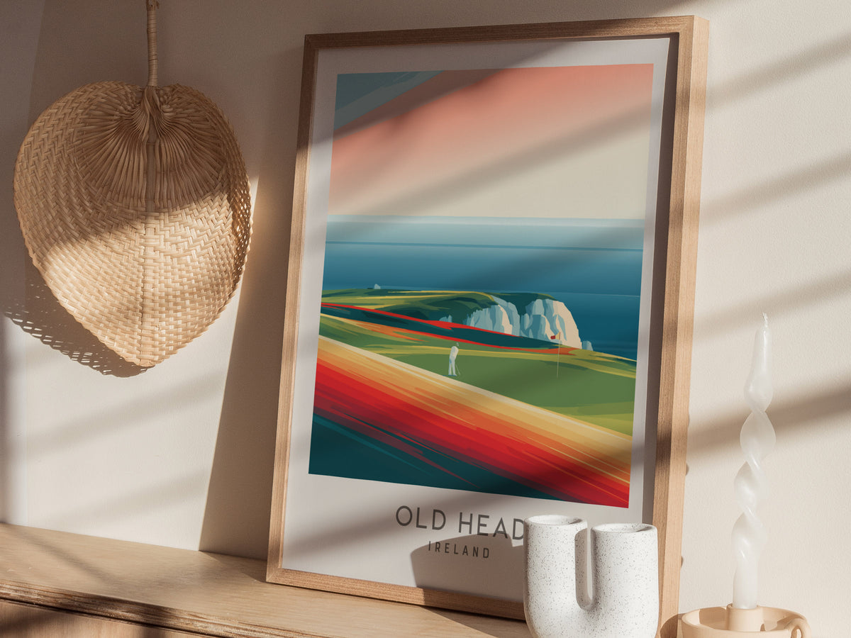 Old Head Matte Border Poster | Ireland Golf Course Print & Links Wall Art — styled in a modern interior