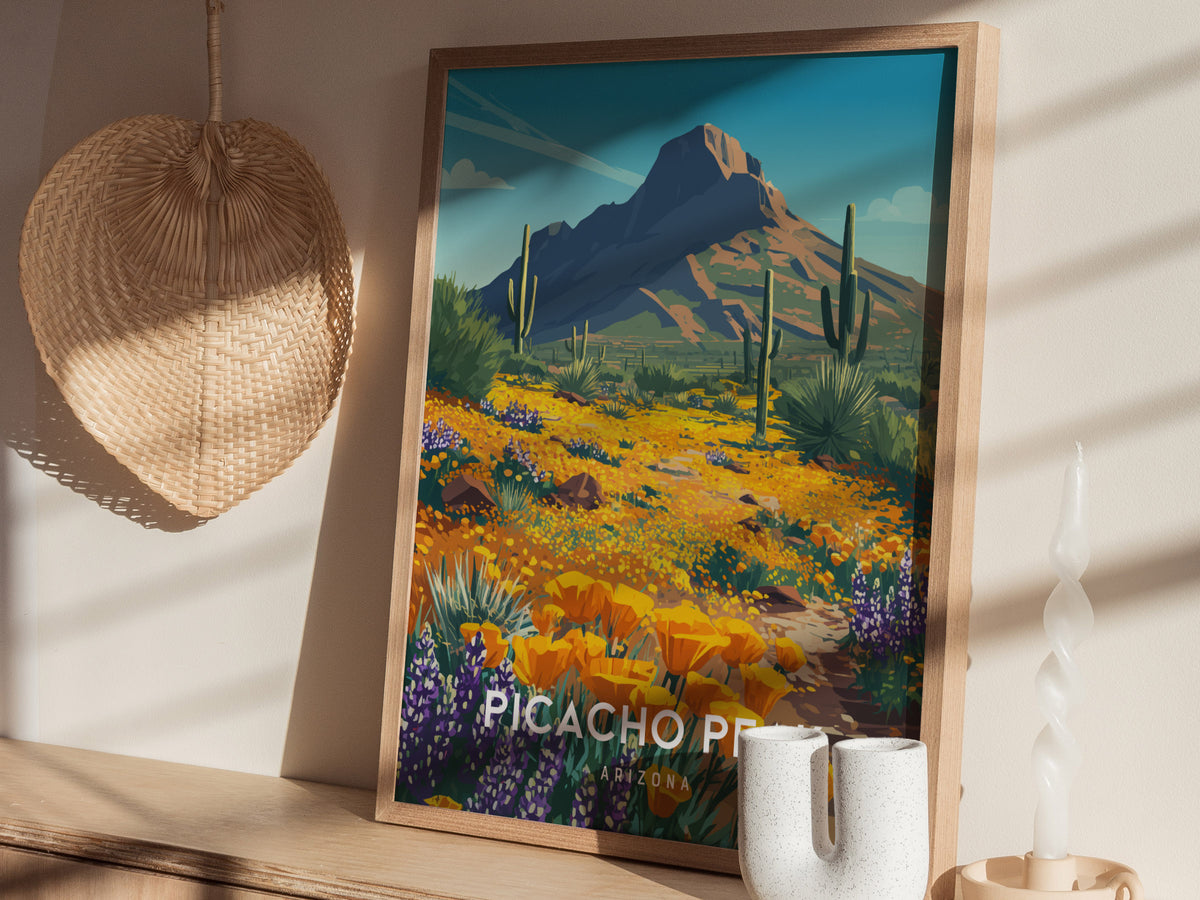 Picacho Peak, Arizona Poster | Desert Wildflower Destination Print Wall Art — styled in a modern interior