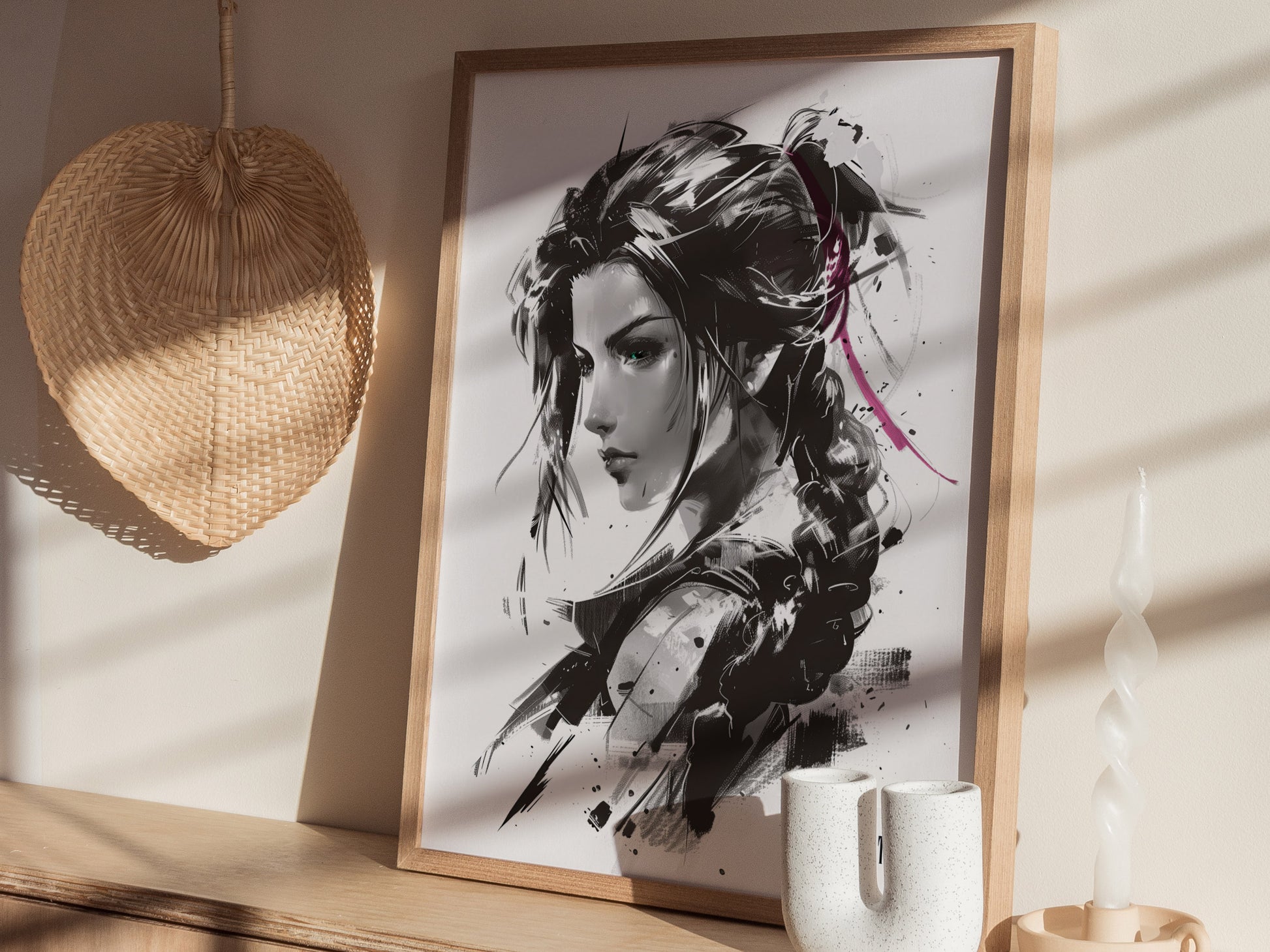 A framed monochrome portrait of a woman with braided hair and pink accents, styled like expressive ink work, sits on a wooden shelf beside a woven fan and decorative candle.