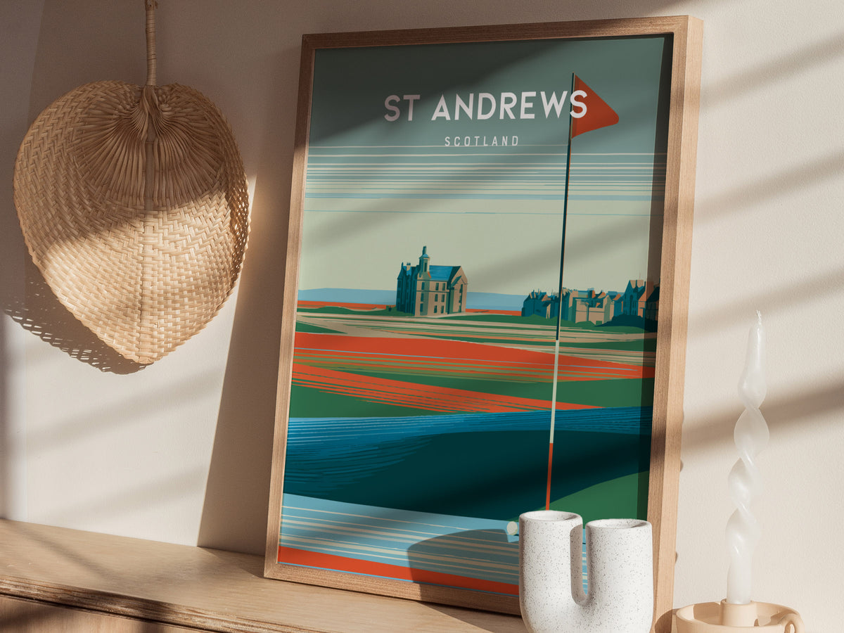 St Andrews Old Course, Scotland Poster | Links Poster Golfer Gift Wall Art — styled in a modern interior