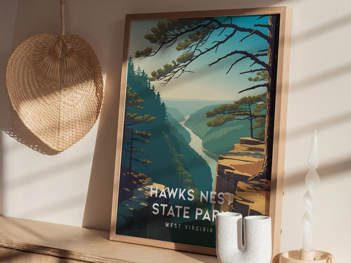 Hawks Nest State Park, West Virginia Poster | New River Gorge Scenic Vacation Wall Art — styled in a modern interior