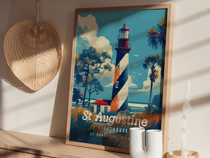 A vintage-style poster of the St. Augustine Lighthouse features the iconic black and white spiral tower set against a blue sky with palm trees. The framed artwork rests on a wooden surface next to a woven basket and a decorative candle.