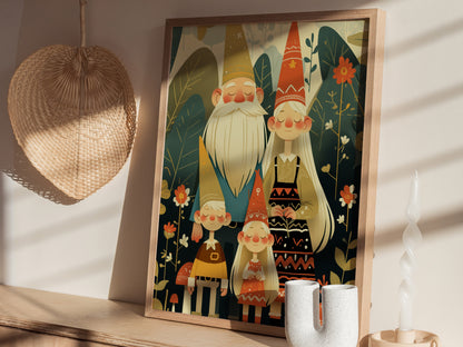 Gnome Family Poster | Cute Fantasy Gnome Lover Wall Art | Framed or Unframed