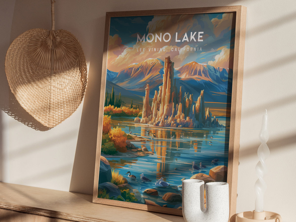 Mono Lake, Lee Vining, California Poster | Tufa Towers & Desert Lake Destination Print — styled in a modern interior