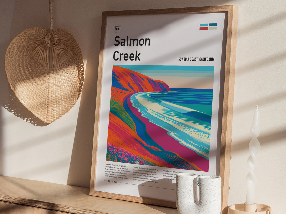 Salmon Creek, Sonoma Coast, California Poster | Surf Wall Art & Wave Print — styled in a modern interior