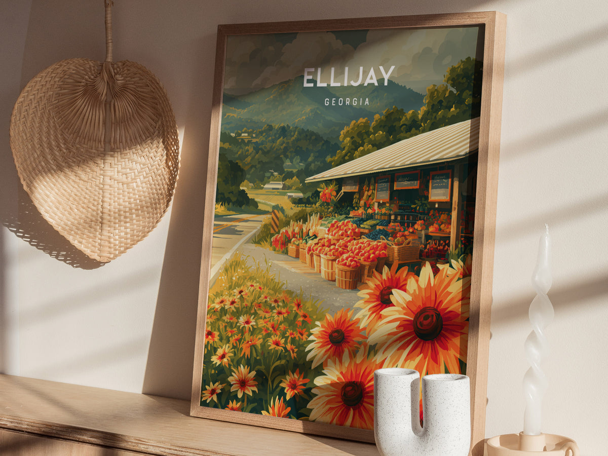 Ellijay, Georgia Poster | Mountain Town Travel Wall Art — styled in a modern interior