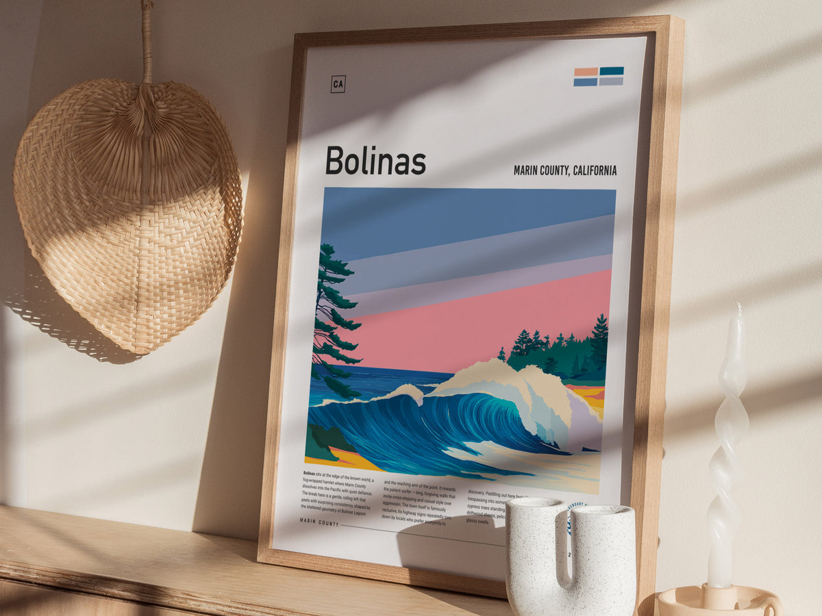 Bolinas, Marin County, California Poster | Misty Cliffs & Surf Wall Art — styled in a modern interior