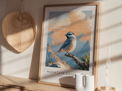 Mountain Chickadee, Poecile gambeli Poster | Bold Birder Gift Nature Wall Art — styled in a modern interior