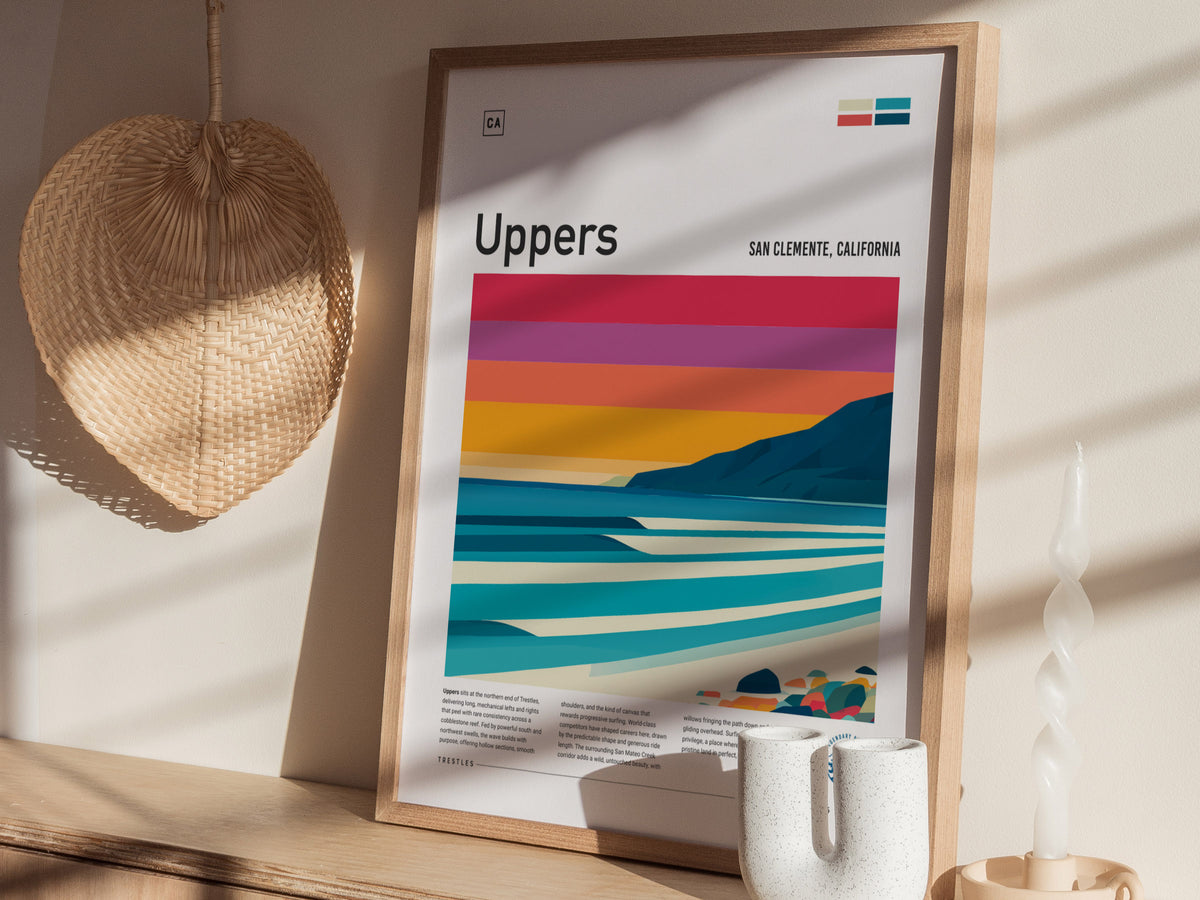 Uppers, Trestles Poster | Golden Hour Barrel Surf Wall Art — styled in a modern interior