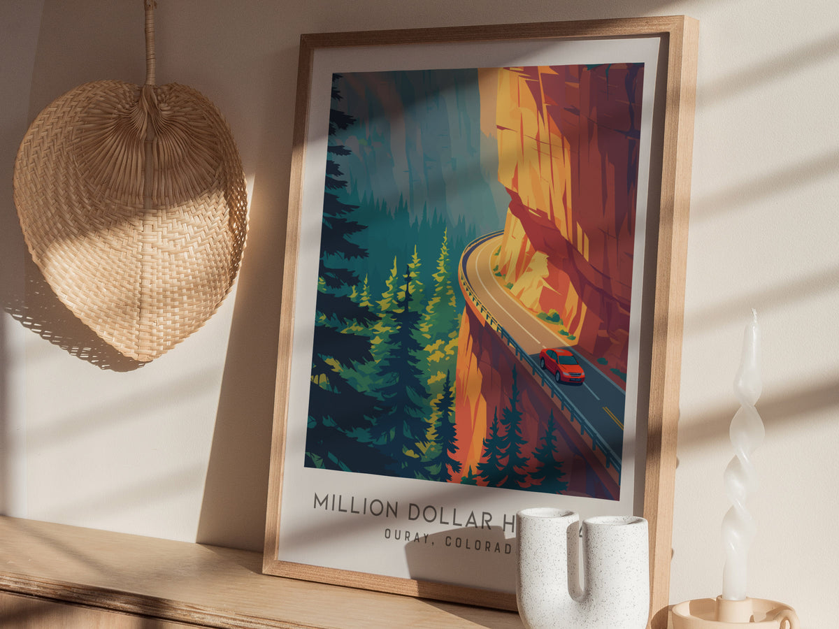 Million Dollar Highway Matte Border Poster | Ouray, Colorado Destination Print — styled in a modern interior