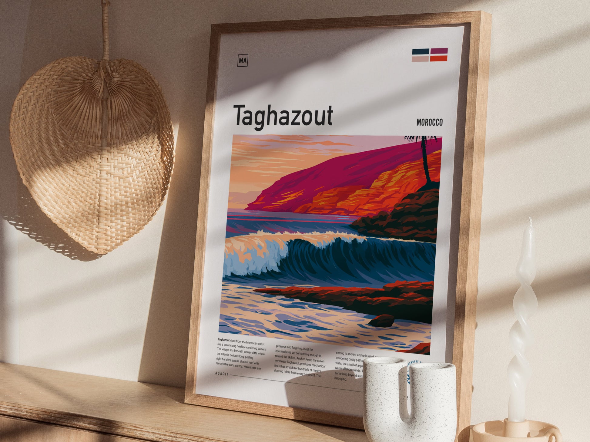 Taghazout, Morocco Poster | Sun-Kissed Surf Village Wall Art — styled in a modern interior