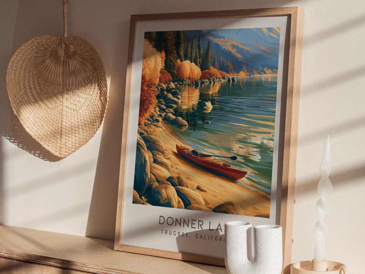 Donner Lake Matte Border Poster | Truckee, California Destination Print — styled in a modern interior