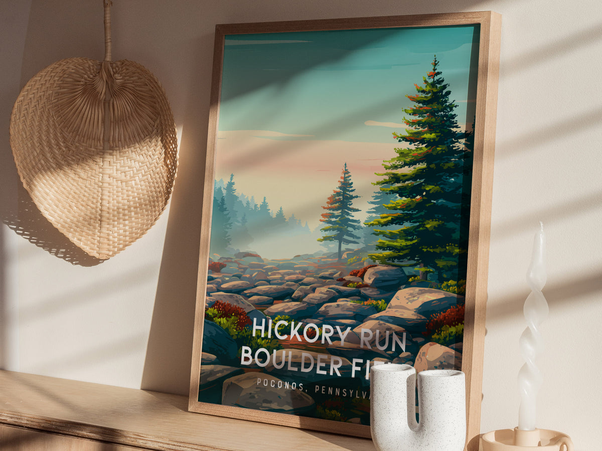 Hickory Run Boulder Field, Poconos, Pennsylvania Poster | Ancient Rocks & Forest Travel Wall Art — styled in a modern interio
