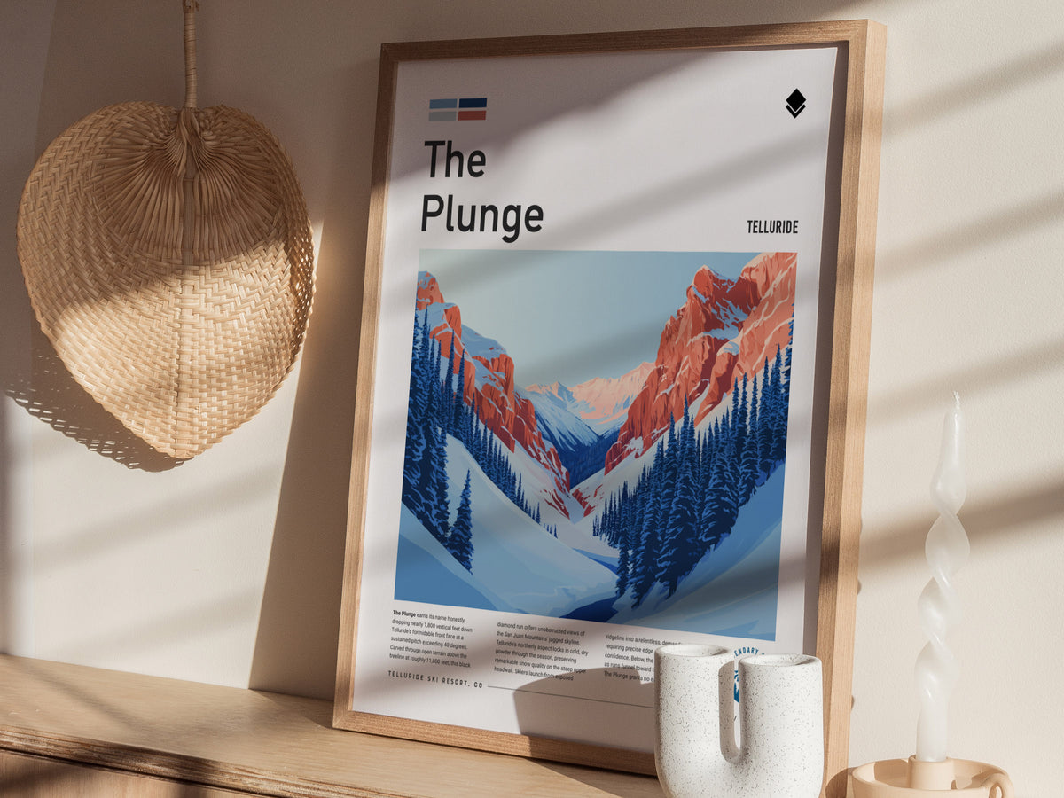 The Plunge, Telluride Poster | Alpine Ski Run Mountain Poster Wall Art — styled in a modern interior
