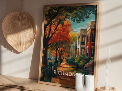 Richmond, Virginia Poster | Historic River City Skyline Travel Wall Art — styled in a modern interior