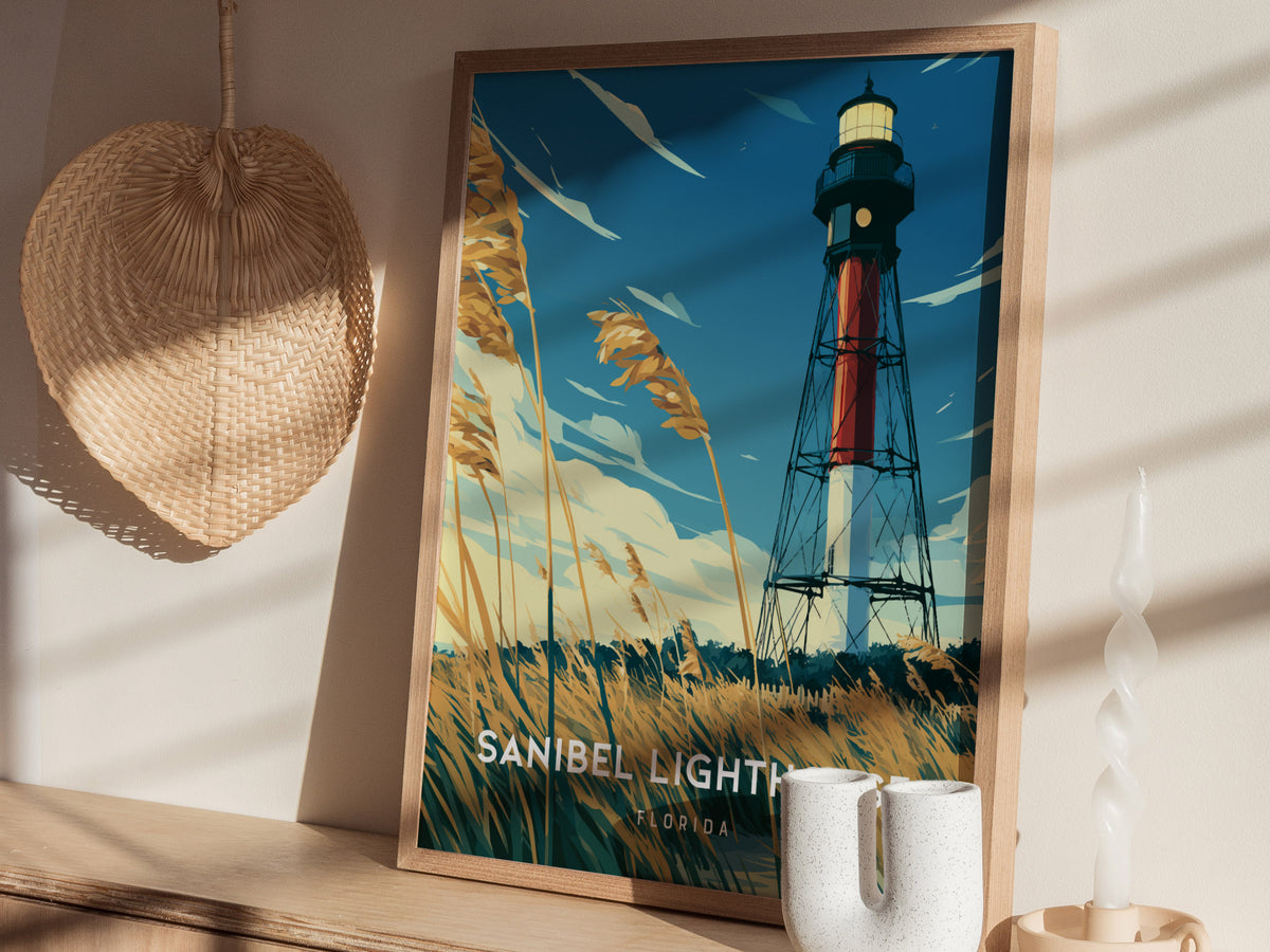Sanibel Lighthouse, Florida Poster | Gulf Coast Beacon Coastal Decor Wall Art — styled in a modern interior