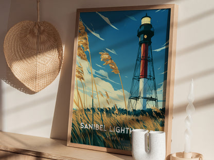 Sanibel Lighthouse, Florida Poster | Gulf Coast Beacon Coastal Decor Wall Art — styled in a modern interior