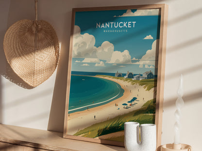 A framed poster of Nantucket, Massachusetts, showing a coastal scene with sandy beaches, blue waters, and cottages under a cloudy sky. A woven straw hat decorates the wall beside it.