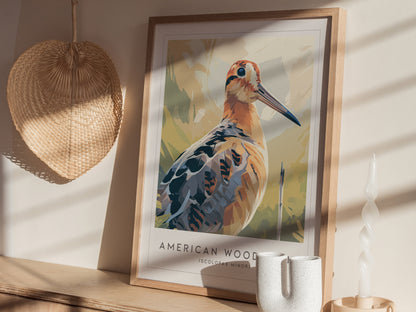 American Woodcock Poster | Woodland Shorebird Nature Illustration Wall Art — styled in a modern interior