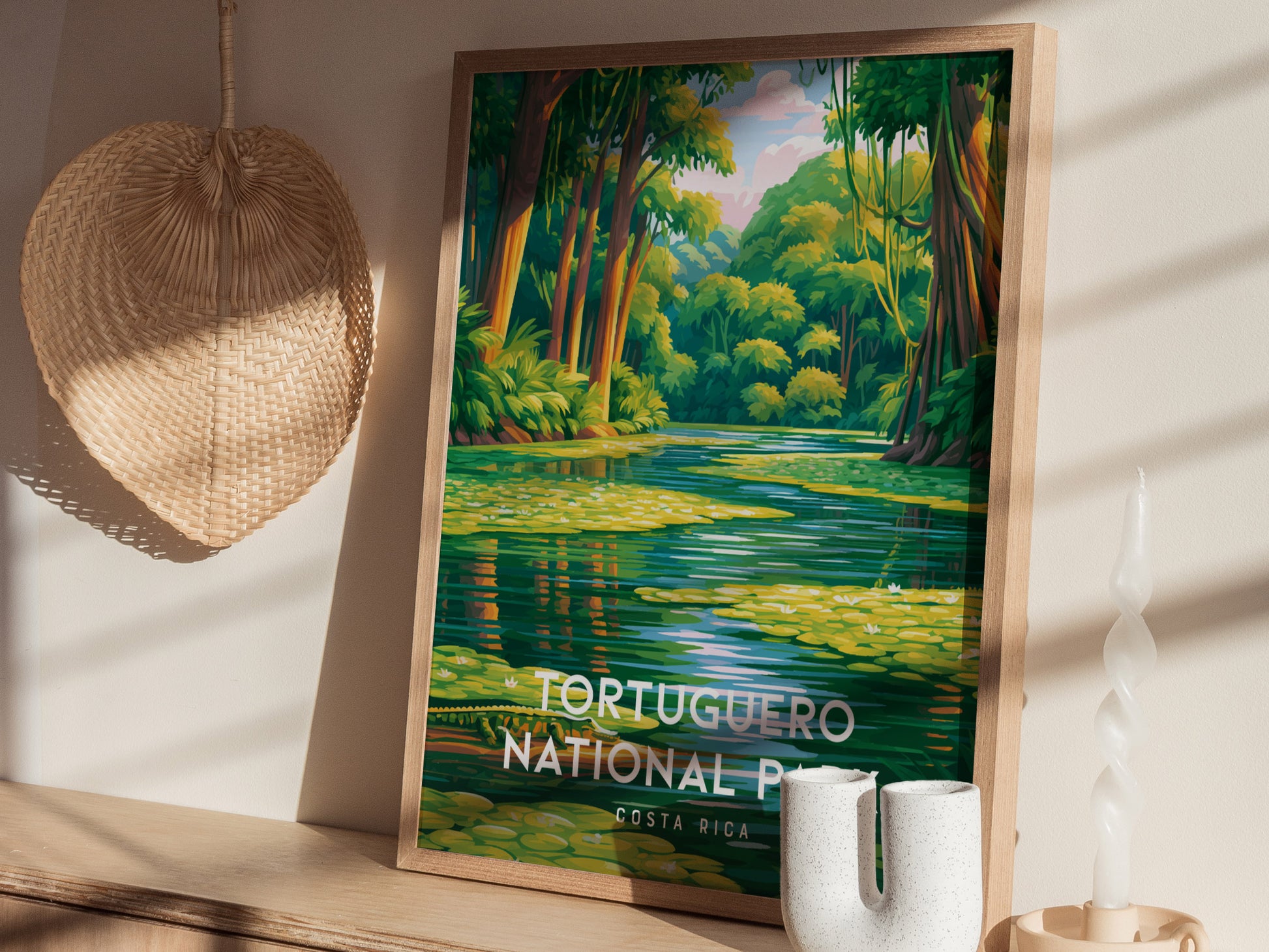 Tortuguero National Park, Costa Rica Poster | Sea Turtle & Rainforest Canal Wall Art — styled in a modern interior