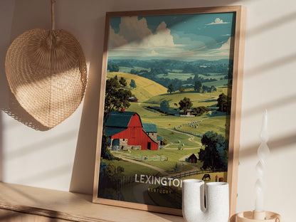 A colorful poster depicting a serene landscape of Lexington, Kentucky, featuring a red barn and rolling green hills under a blue sky. The artwork captures a peaceful rural scene, perfect for adding a touch of nature to any space.