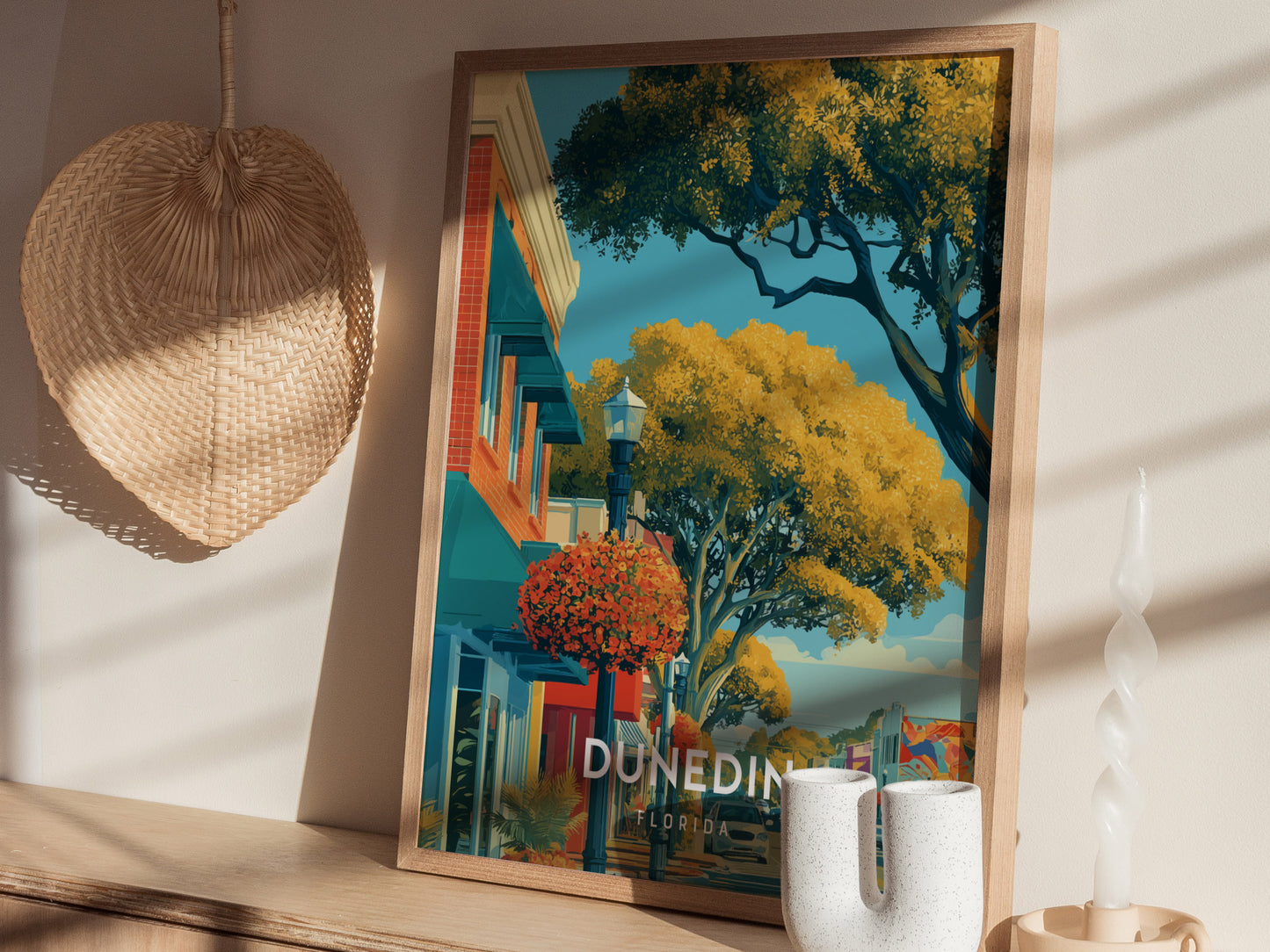 Dunedin, Florida Poster | Honeymoon Island Sunset Coastal Wall Art — styled in a modern interior
