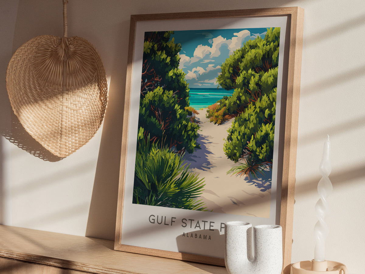 Gulf State Park Matte Border Poster | Alabama Coastal Beach Decor Travel Wall Art — styled in a modern interior