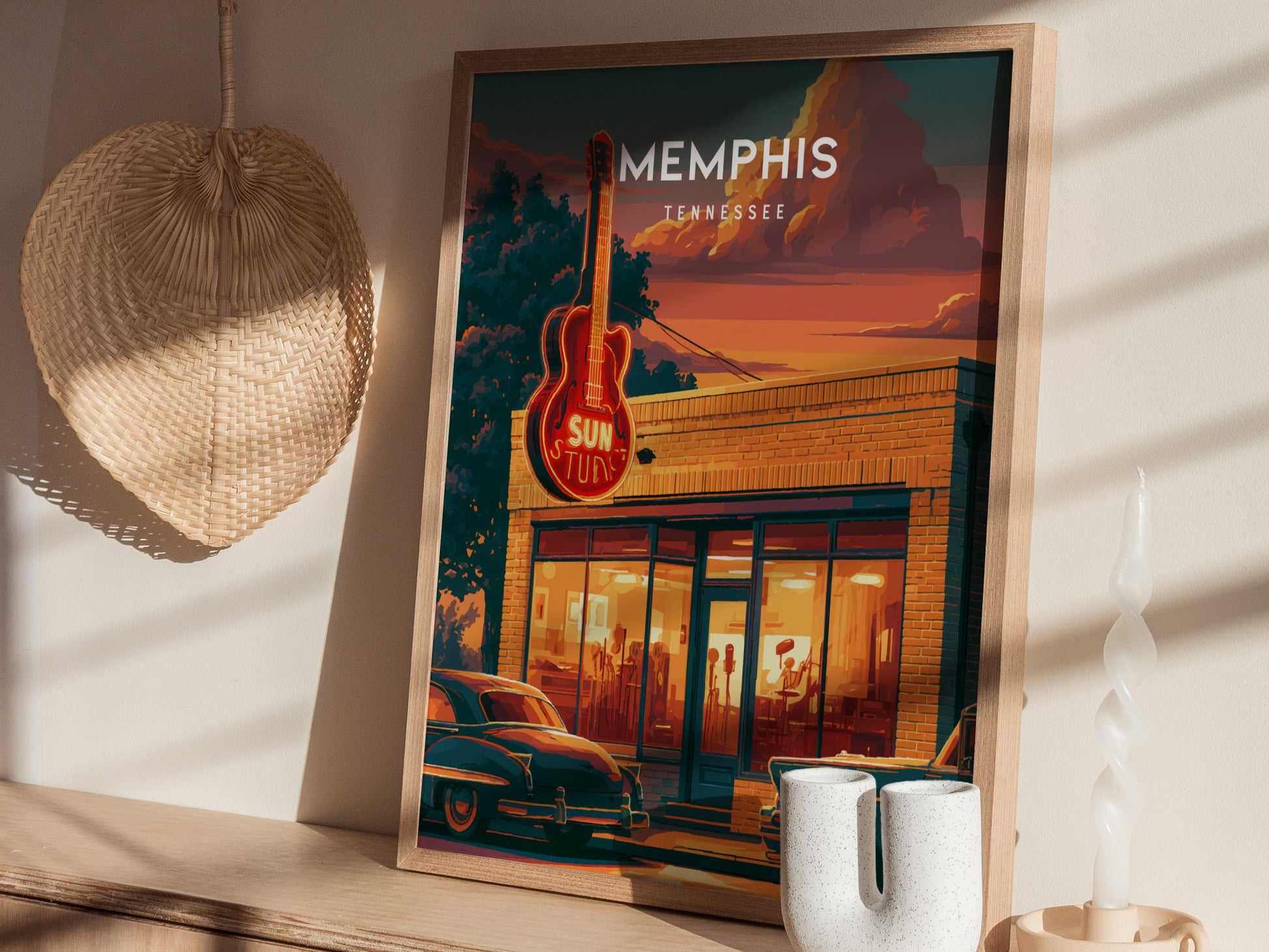 Memphis, Tennessee Poster | Blues & Beale Street Sunset Wall Art — styled in a modern interior