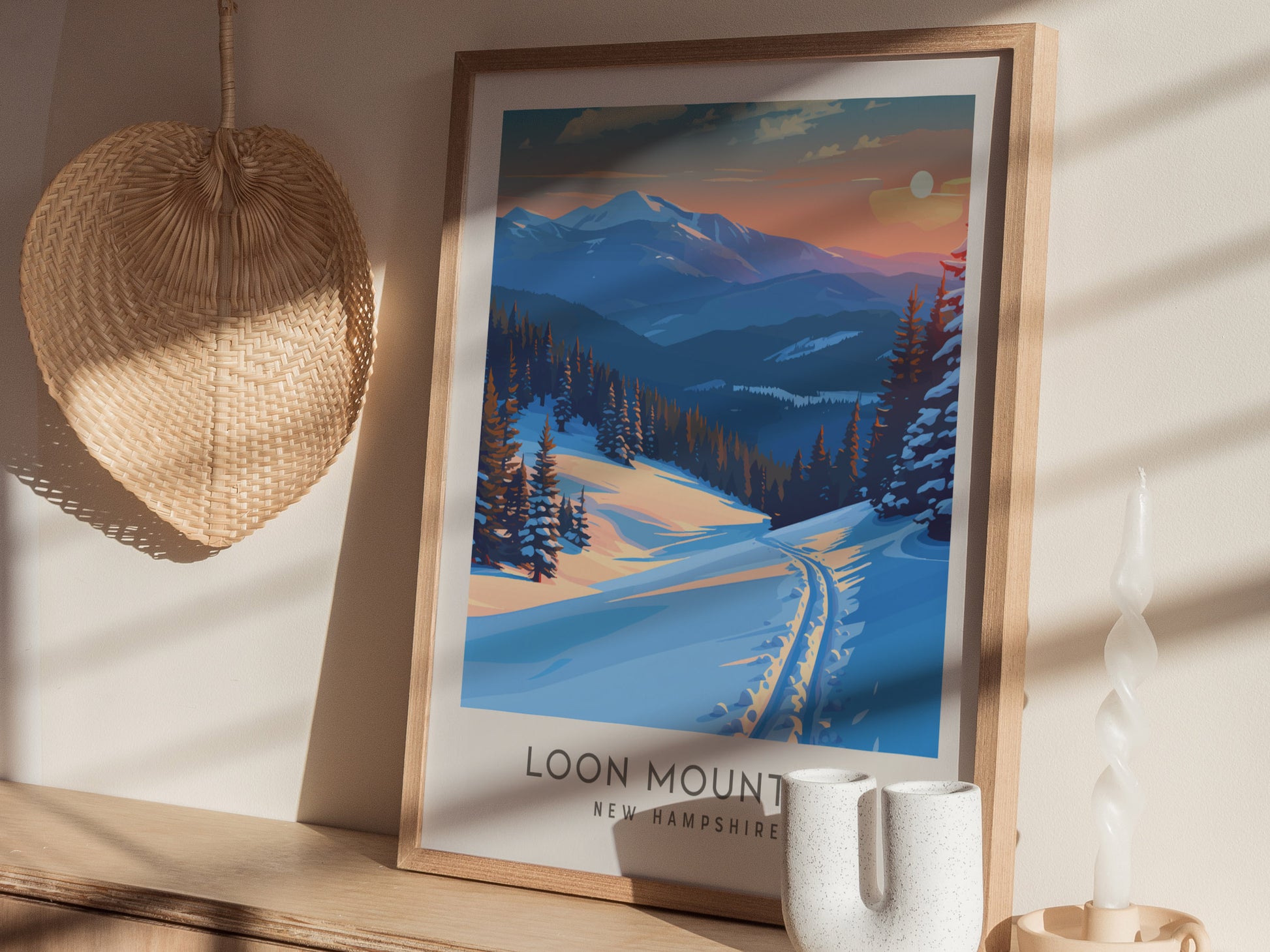Loon Mountain Matte Border Poster | New Hampshire Travel Wall Art — styled in a modern interior