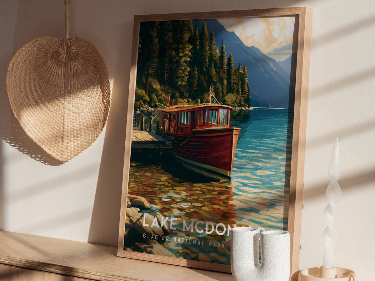 Lake McDonald, Glacier National Park, Montana Poster | Mountain Lake Reflections Destination Print Wall Art — styled in a mod