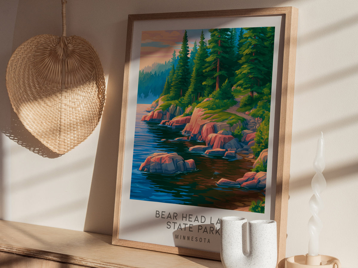 Bear Head Lake State Park Matte Border Poster | Minnesota Destination Print Travel Wall Art — styled in a modern interior