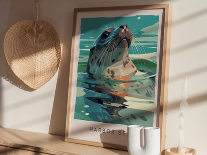 Harbor Seal, Phoca vitulina Poster | Coastal Wildlife Wall Art — styled in a modern interior