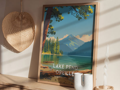 Lake Pend Oreille, Sandpoint, Idaho Poster | Mountain Lake Vacation Wall Art — styled in a modern interior