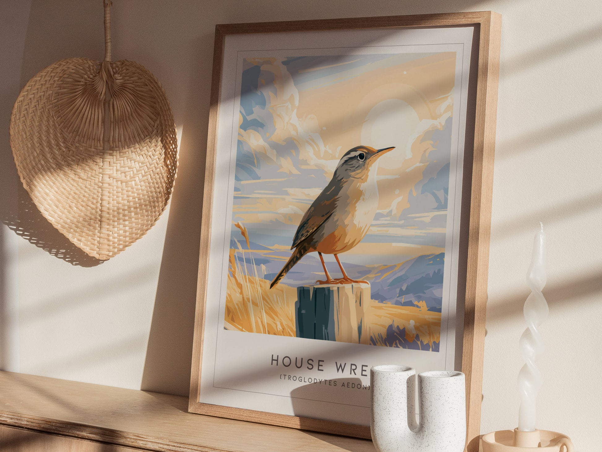 House Wren, Troglodytes aedon Poster | Charming Songbird Nature Wall Art — styled in a modern interior