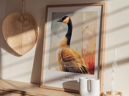 Nene (Hawaiian Goose), Hawaii Poster | Tropical Wildlife & Volcano Island Wall Art — styled in a modern interior
