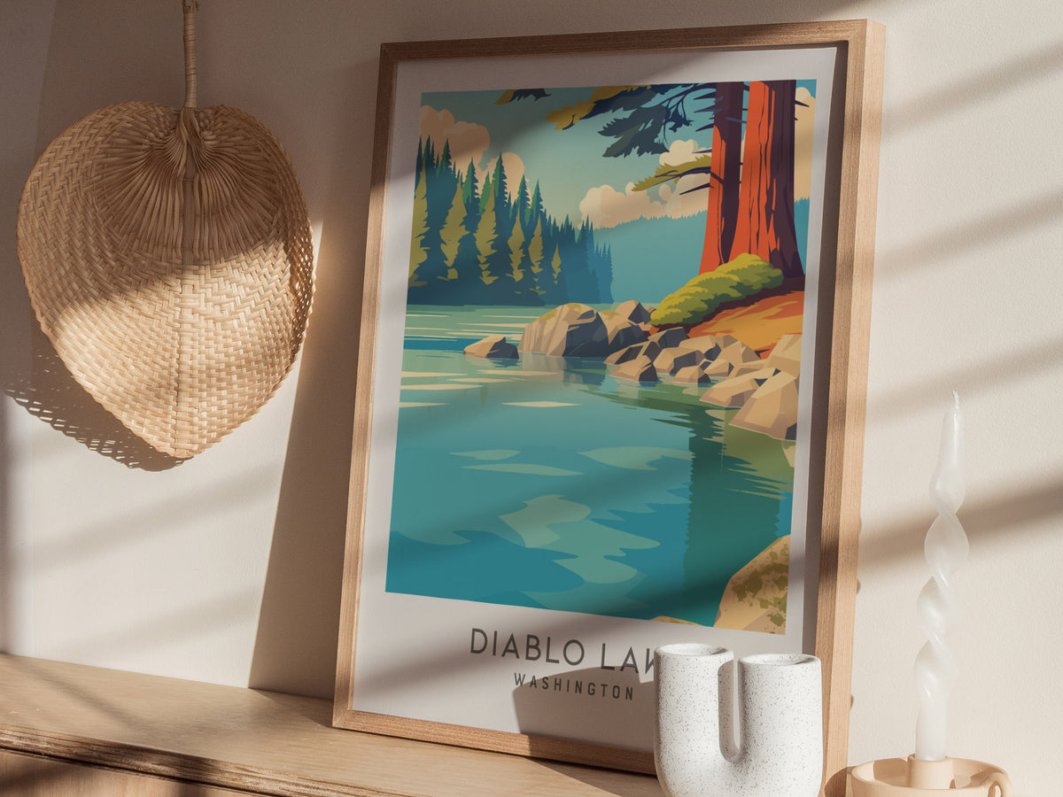 Diablo Lake Matte Border Poster | Washington Travel Wall Art — styled in a modern interior