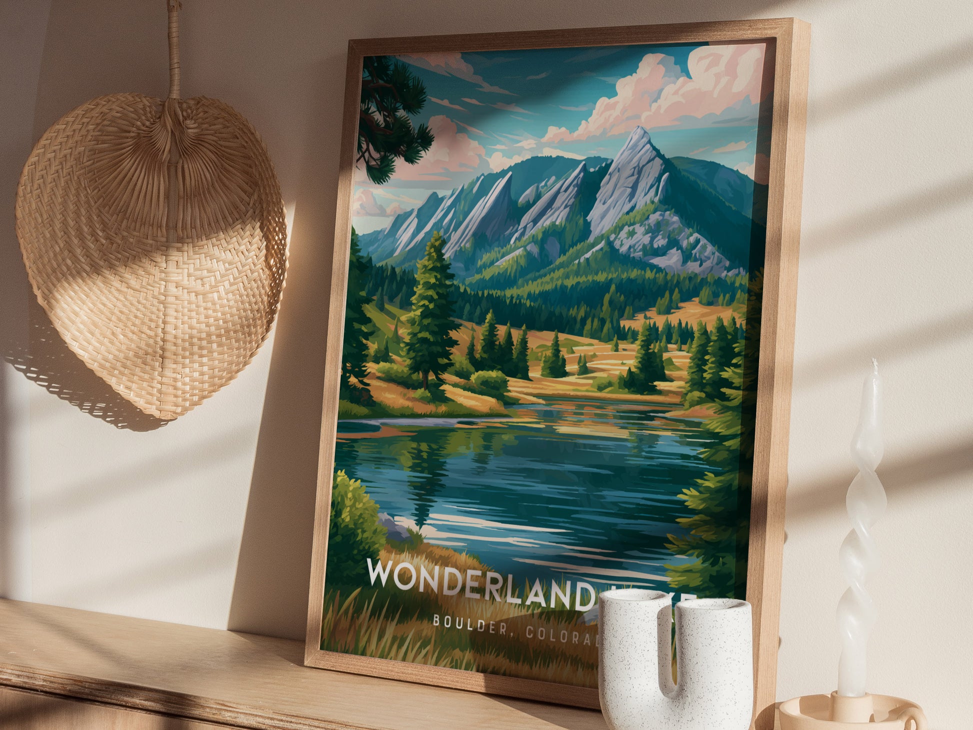 Wonderland Lake, Boulder, Colorado Poster | Mountain Lake Serenity Wall Art — styled in a modern interior