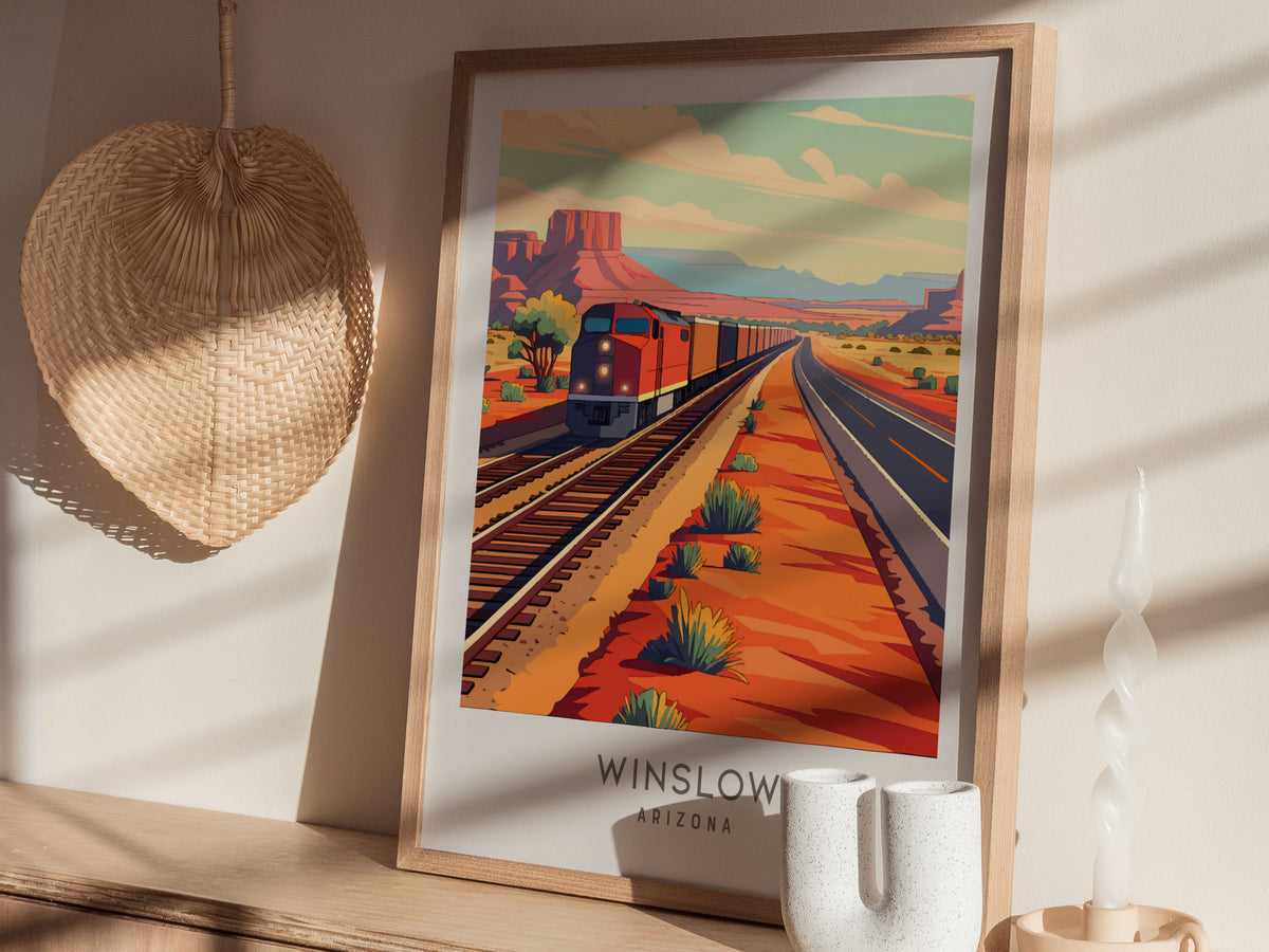 Winslow Matte Border Poster | Arizona Travel Wall Art — styled in a modern interior