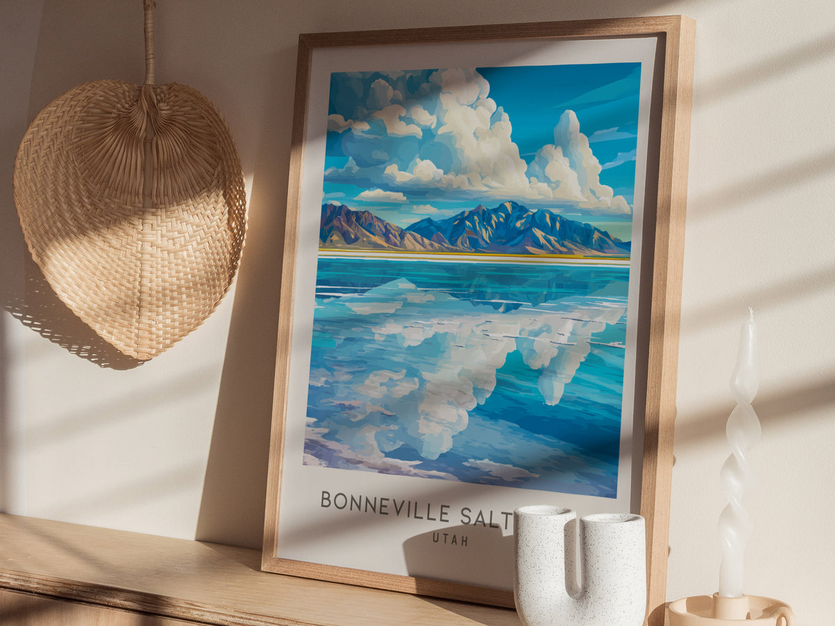 Bonneville Salt Flats Matte Border Poster | Utah Destination Print Travel Wall Art — styled in a modern interior